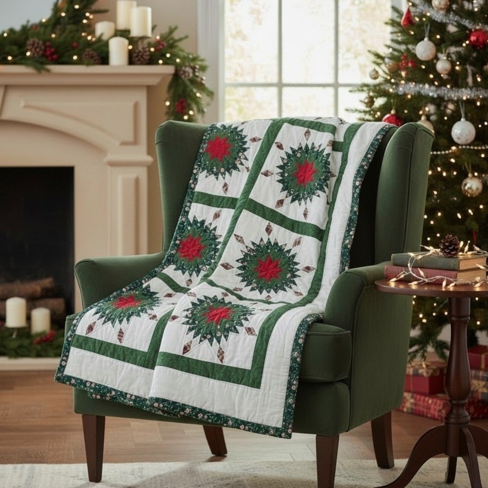 Christmas Starburst Patchwork Throw Quilt Green Red White 50" x 60"